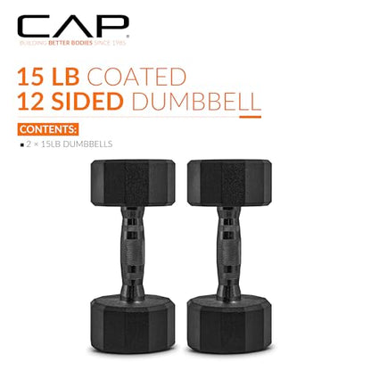 CAP Rubber Coated Dumbbell Weights, Free Weights for Home Gym Strength Training, Anti-Roll Hex Dumbbells with Black, Chrome & Comfort Grip Handles, Pairs & Sets - size: 15 lb - Pair, style: 12-Sided - Black Handle