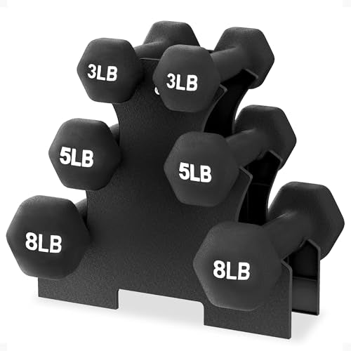 BalanceFrom Neoprene Coated Iron Dumbbell Hex Weights Set with Stand – Color-Coded or Black Options with Non-Slip Grip for Strength Training, Resistance Workouts, and Home Gym Fitness - style: 32lb Set
