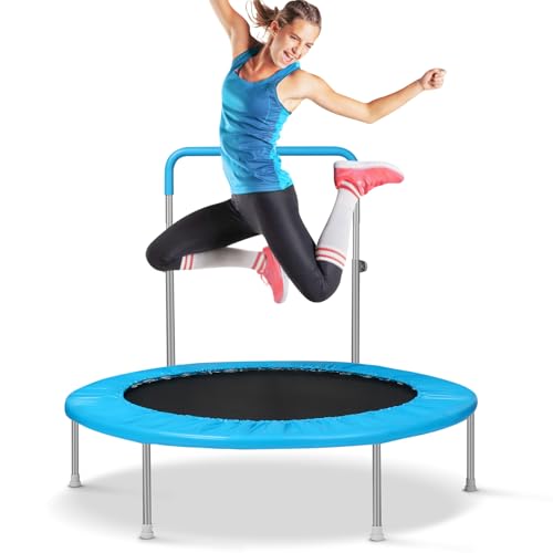 Lyromix 40" / 48" Rebounder Trampoline for Adults with Adjustable Bar, Mini Fitness Trampoline for Adults and Kids, Small Exercise Trampoline with Handle for Indoor Outdoor Workout - color: Bright Blue