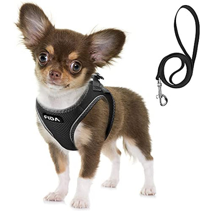 Fida Comfy Dog Harness with Leash, Soft Puppy Vest Escape Proof, Breathable Lightweight Soft Mesh, Adjustable Reflective Step-in Harness for Small Pet Walking (S, Black) - color: Black, size: S (Neck:12.6"-13.8"; Girth:16.1"-17.7")