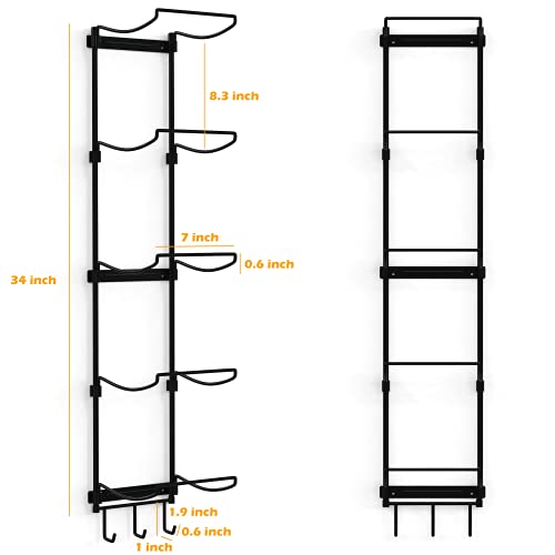 Yoga Mat Holder Wall Mount, Wall Rack Organizer, Storage Foam Roller and Block, with 5 Sectional and 3 Hooks for Hanging Yoga Strap, Resistance Bands at Fitness Class or Home Gym, Decor(Black)