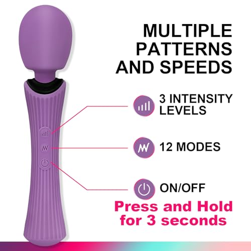 Handheld Wand Massager - Rechargeable Cordless Body Massager with 12 Vibration Patterns & 3 Speeds - Waterproof Silicone Percussion Massager for Neck, Shoulder, Back Muscle Relief - Rose Purple