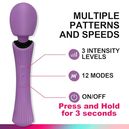 Handheld Wand Massager - Rechargeable Cordless Body Massager with 12 Vibration Patterns & 3 Speeds - Waterproof Silicone Percussion Massager for Neck, Shoulder, Back Muscle Relief - Rose Purple