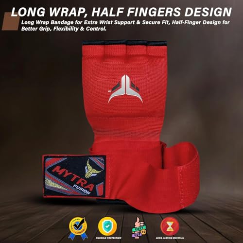 Mytra Fusion Gel Padded Inner Gloves Boxing Hand Wraps for Kids, Boxing Wraps with 80 cm Long Wrist Strap for MMA, Kickboxing, Punching, Martial Arts & Muay Thai Hand Wraps - color: Red