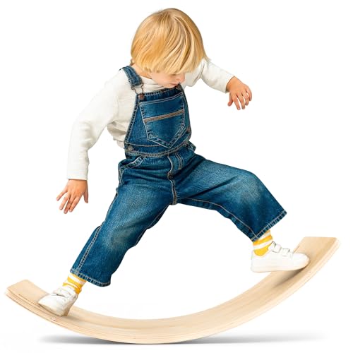 Wooden Wobble Board For Kids Slack Board Open-Ended Waldorf Learning Toy For Indoor Play, Balance Board For Adults | Core Balance Trainer Curvy Rocker Board for Yoga and Exercise Indoor, Montessori Toys