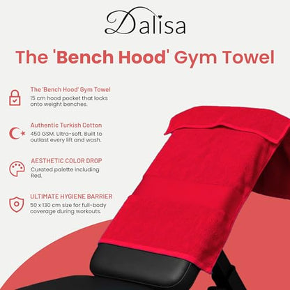 Dalisa Bench Hood Gym Towel – 100% Turkish Cotton – Non-Slip Hooded Design for Weight Benches – 450 GSM – 19.7" x 51.2" – Ultra-Absorbent, Quick-Dry Workout Towel – Made in Türkiye – Red - color: Red