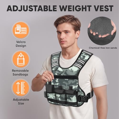 Adjustable Weighted Vest, 4-10lb/12-18lb/20-32lb Vest with 6 Ironsand Weights and Large Pocket, Weight Vest for Men Women Strength Training, Running, Walking - color: Grey Camo, size: 12-18lbs