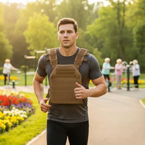 Adjustable Weighted Vest Fitness Sport Training Strength and Endurance Training,Quick Release with Molle for Running,Fitness Workouts - color: Tan