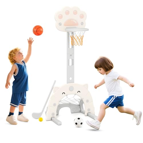 Costzon 3 in 1 Toddler Basketball Hoop, Height Adjustable Kids Sports Center w/Foldable Basketball, Soccer & Golf Game, Indoor Outdoor Activity Playset w/Foldable Rim, Gift for Children Baby Infant - color: White Cat Paws, size: 25.5" x 19" x 51"-59.5"(L