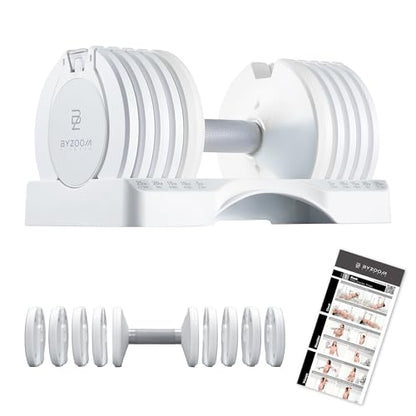 BYZOOM FITNESS Pure Series Adjustable Dumbbell - 12.5/25/27.5/50/55/75lb - ONE UNIT OR PAIR(check QTY before purchase) - 5-in-1/ 10-in-1 / 15-in-1 / 21-in-1 Flexible Hand Weights for Home Apartment Garage Gym, Strength Training & Fitness Workouts, White O