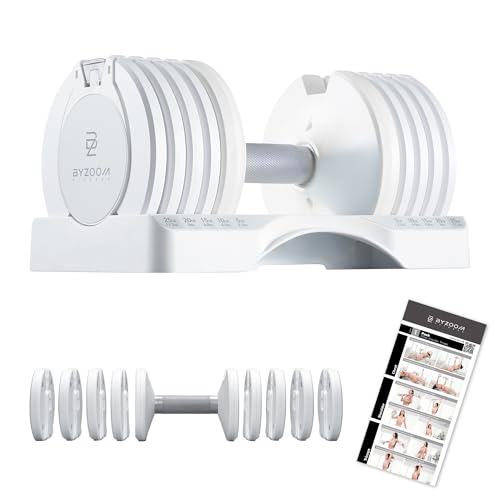BYZOOM FITNESS Pure Series Adjustable Dumbbell - 12.5/25/27.5/50/55/75lb - ONE UNIT OR PAIR(check QTY before purchase) - 5-in-1/ 10-in-1 / 15-in-1 / 21-in-1 Flexible Hand Weights for Home Apartment Garage Gym, Strength Training & Fitness Workouts, White O