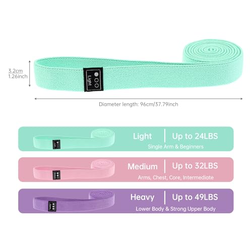 Fabric Resistance Bands - 3-Pack Set, Long Cloth Exercise Bands for Home Workout Strength Training, Yoga & Pilates | with Storage Bag - color: Pink, Green, Purple