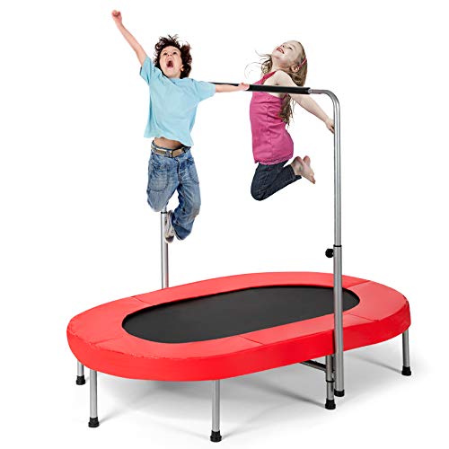 Giantex Mini Trampoline, 2 Persons Foldable Fitness Trampoline w/ 5 Levels Height Adjustable Handle, Max Load 330LBS, Indoor Oval Rebounder Exercise Trampoline for Adult, Kid, Enjoy Parent-child Time - color: Red