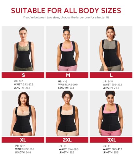 GAODI Women Waist Trainer Vest Slim Corset Neoprene Sauna Tank Top Zipper Workout Body Shaper Shirt (2XL, Black Sauna Vest)