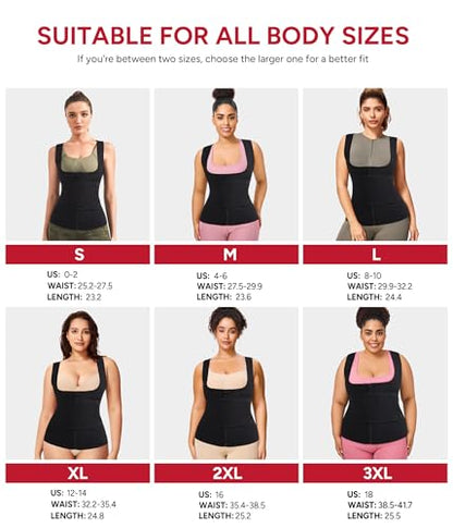 GAODI Women Waist Trainer Vest Slim Corset Neoprene Sauna Tank Top Zipper Workout Body Shaper Shirt (2XL, Black Sauna Vest)