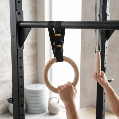 Wooden Gym Rings Birch Wood Rings Gymnastics with 1.5 Inch Numbered Straps Rotating Carabiner for Home Gym Strength Training