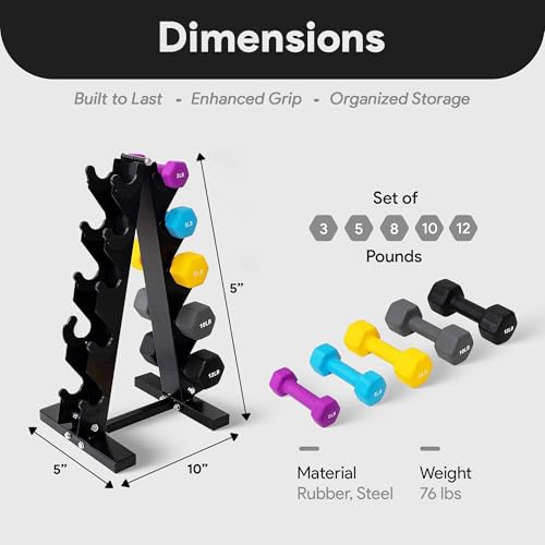 BalanceFrom Neoprene Coated Iron Dumbbell Hex Weights Set with Stand – Color-Coded or Black Options with Non-Slip Grip for Strength Training, Resistance Workouts, and Home Gym Fitness - style: 76LB Set