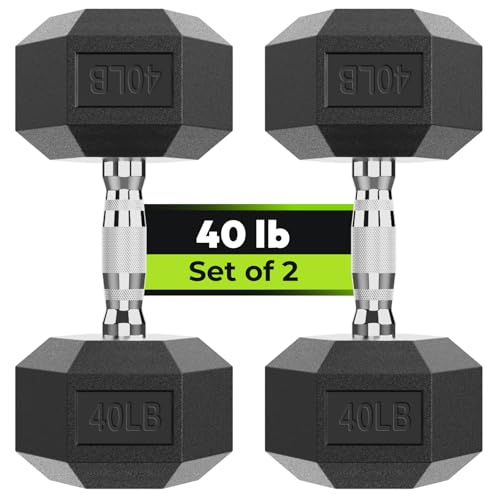 HANDBODE Hex Dumbbell Set, 2.5-65 lb Rubber Encased Exercise & Fitness Dumbbells, Weights Dumbbells Set of 2, Hand Weight for Strength Training - size: 40 lb, Pair, style: Chrome Handle