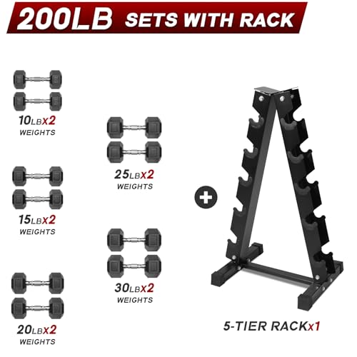 Ritfit 5-650 LBS PVC Encased Hex Dumbbell Sets with Optional Rack for Home Gym, Hand weight with Chrome Handle for Strength Training,Workouts - style: (10+15+20+25+30) 200LBS SET