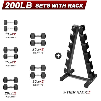 Ritfit 5-650 LBS PVC Encased Hex Dumbbell Sets with Optional Rack for Home Gym, Hand weight with Chrome Handle for Strength Training,Workouts - style: (10+15+20+25+30) 200LBS SET