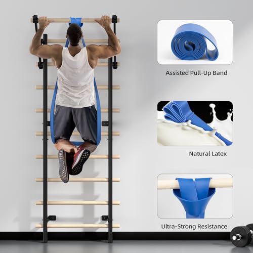 Swedish Ladder, Wood Stall Bar with Suspension Trainer Straps, Pull-Up Dip Bar Attachment, Strategic Rods, for Home, School, hysical Therapy and Gymnastics