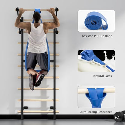 Swedish Ladder, Wood Stall Bar with Suspension Trainer Straps, Pull-Up Dip Bar Attachment, Strategic Rods, for Home, School, hysical Therapy and Gymnastics