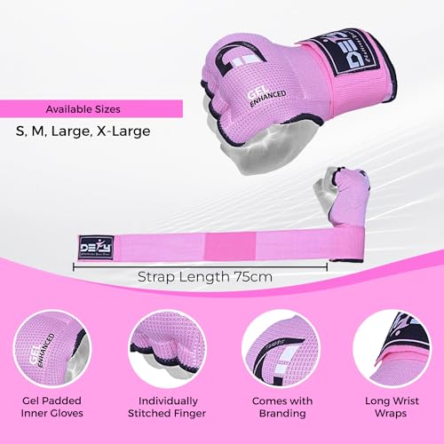 DEFY Padded Inner Gloves Quick 75cm Long Strap – Inner Boxing Gloves Gel Padded Knuckle Protection – Elasticated Boxing Hand Wraps for MMA Muay Thai Kickboxing Martial Arts Pair - color: Pink, size: Large