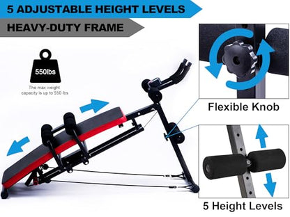 KESHWELL Ab Machine,Ab Workout Equipment For Home,Sit Up Push Up Workout Bench,Fitness Strength Training Equipment,Foldable Abdomen Exercise Machine With Resistance Bands,550lbs Capacity