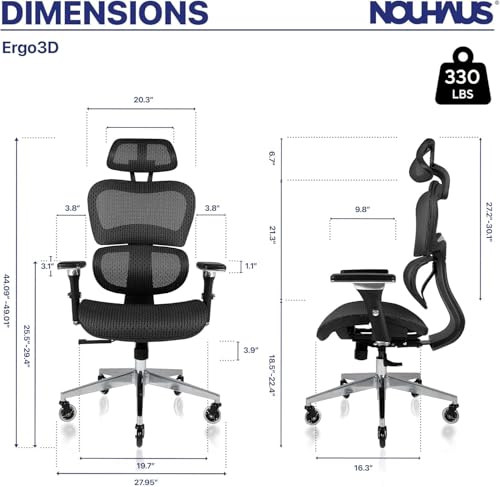 Nouhaus Ergo3D Ergonomic Office Chair Lumbar Support Mesh Office Chair with 4D Adjustable Armrest, Adjustable Headrest and Wheels, Mesh High Back Home Office Desk Chairs(Black) - color: Black