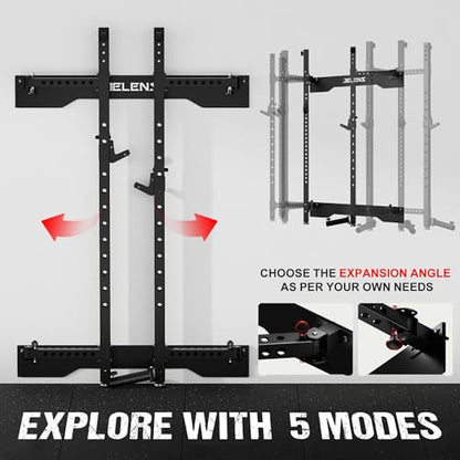 JELENS SF01 Folding Squat Rack, Wall Mounted Power Rack for Home Gym, Space Saving Multi-Functional Power Cage with More Attachments
