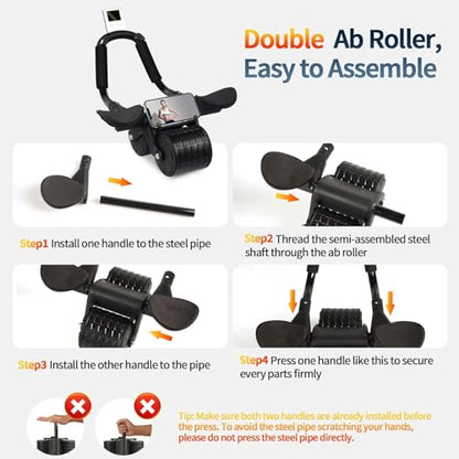 Ab Roller Exercise Wheel with Phone Mount, Timer, Knee Mat, Elbow Support, Core Strength Training Equipment, Black