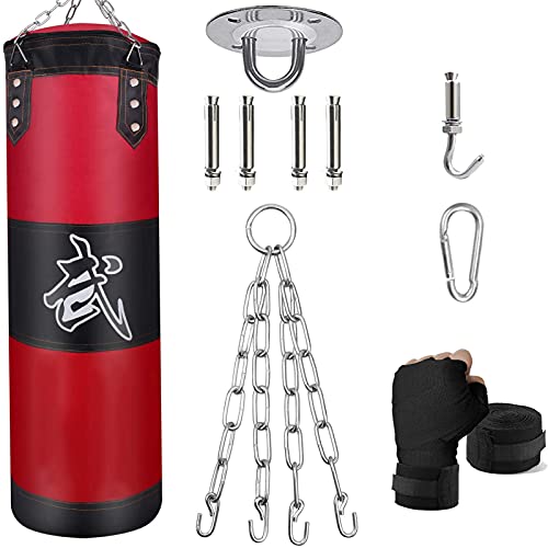 Hanging Punching Bag Set Unfilled, Heavy Boxing Bags Kickboxing Bag for Adults Kids, Youth Boxing Set with Hand Wraps, Punching Bag Hangers, for MMA Muay Thai Karate Taekwondo Training - color: Red, size: 80cm