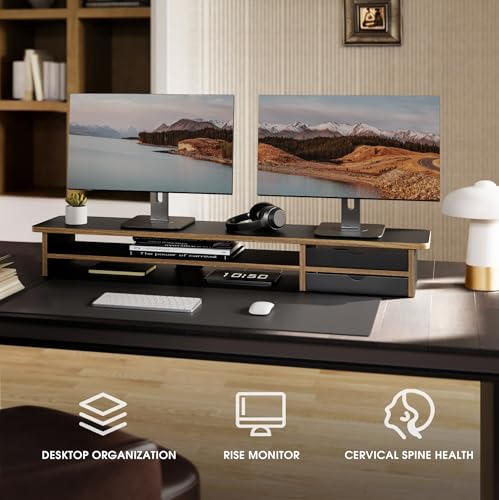 Fenge Monitor Stand, Desk Computer Riser with Frosted Storage Drawer, Black - color: Black