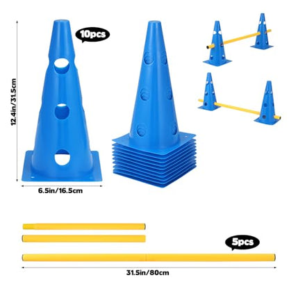 Dog Agility Hurdle Cone Set, 10er 12.5Inch Agility Cones and 5er 31.5Inch Agility Rods, Height Adjustable Crossbar for Dog Obstacle Course Rehabilitation & Beginners