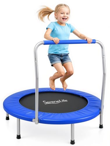 SereneLife 36″ Foldable Mini Trampoline for Kids - Compact Fitness Rebounder with Foam Handle - Safe, Stable Exercise Trampoline with 330lbs Max Load for Indoor/Outdoor Active Play & Exercise - color: Deep Blue