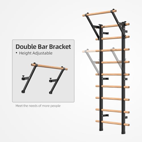 DHT Wood Stall Bar, Swedish Ladder Suspension Trainer with 9 Strategic Rods, for Home, Gym, School and Clinics, Black
