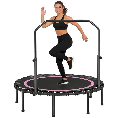 40/48 Inch Foldable Fitness Trampoline – Adjustable Foam Handle, Quiet Stable Rebounder for Home Gym, Kids & Adults – Indoor/Outdoor Exercise Equipment - color: Pink
