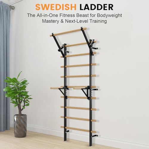 Swedish Ladder Wall Gym, Stall Bar Home Gym with Adjustable Pull-Up Bar, Dip Bar Attachments & 2pcs Resistance Band, 9 Strategic Rods for for Home, School, Hysical Therapy and Gymnastics