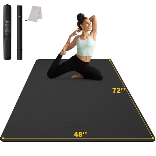 CAMBIVO Yoga Mat 72" x 48" Large Workout Mat for Home Gym Flooring | 6mm-12mm (0.24"-0.48") Extra Thick Exercise Mat for Apartment Fitness | High-Density TPE Cushioning for Joint Protection - color: BLACK, size: 6mm