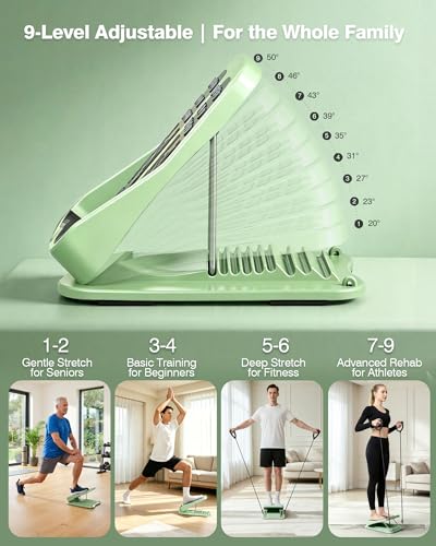 Slant Board for Calf Stretching, 9-Level Adjustable Incline Board with 2 Resistance Bands, Portable Calf Stretcher for Exercise & Physical Therapy Equipment (Green)