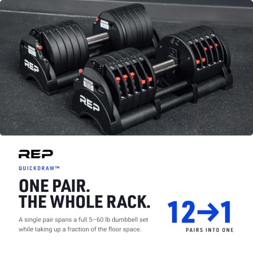 REP Fitness QuickDraw Adjustable Dumbbell Set, Pair, 30/40/50/60 lb Each, Steel Plates, Knurled Handle, Lock-N-Load Switch, Space-Saving Compact Free Weights, Strength Training, Home Gym, Men & Women - style: 5-60 lbs