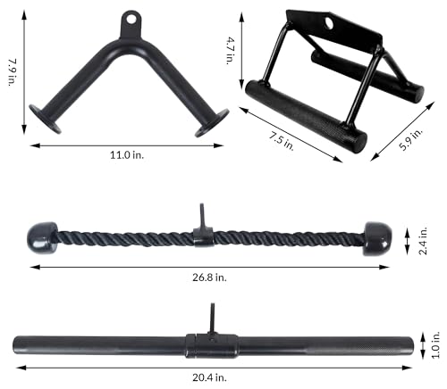 Fitvids Cable Attachment Set 800LB LoadCapacity Tricep Rope, Row Handle, StraightBar, V Bar Commercial Grade Cable MachineAccessories for Home Gym Workouts - size: 4-Piece Set-Charcoal