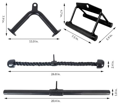 Fitvids Cable Attachment Set 800LB LoadCapacity Tricep Rope, Row Handle, StraightBar, V Bar Commercial Grade Cable MachineAccessories for Home Gym Workouts - size: 4-Piece Set-Charcoal