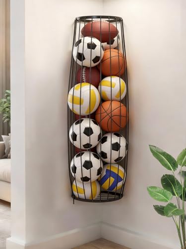 Garage Ball Storage Rack - Wall Mounted Corner Ball Holder with Elastic Cords, Large Capacity Sports Organizer for Basketball, Soccer, Football, Volleyball, Black