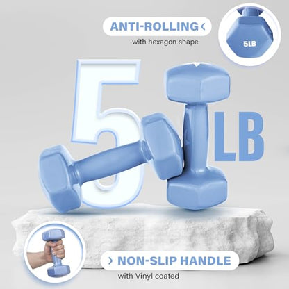 Yes4All Vinyl Hexagon Dumbbell - Dumbbells Set of 2 Hand Weights for Home Gym & Strength Training (2-15 lbs Weight Options) - color: C. 5 lbs - Little Boy Blue - Pair
