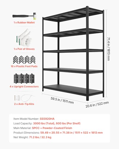 VEVOR Garage Shelving, 5-Tier Adjustable Storage Shelves, 3000 lbs Heavy Duty Garage Shelves, Metal Utility Rack Shelf for Garage Workshop Warehouse Basement, 59.49" W x 20.55" D x 71.38" H - size: 20" D x 59" W x 71.4"