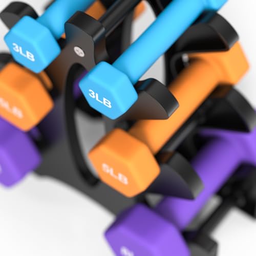 Portzon Weights Dumbbells Set 3, 5, 8, and 10 Pound Neoprene Dumbbell Free Hand Weight Set with Rack, Ideal for Home Exercises, 32 LB, Anti-Slip, Anti-roll, Hex Shape