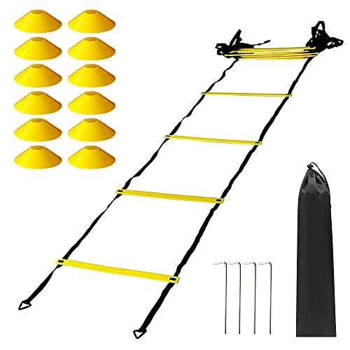 12 Rung Agility Speed Ladder, Adjustable Training Ladder with 12 Marker Cones and Storage Bag, for Soccer Football Fitness Speed Coordination Training