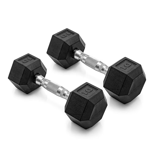 10lb Coated Rubber Hex Dumbbell, Pair (No-Roll Design, Ergonomic Steel Handle, Durable Coated Weight)