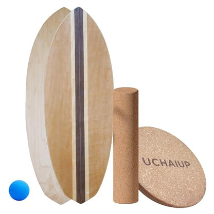 Maple Wood Balance Board with Roller and Half Ball Accessories - Dual-Mode Balance Trainer for Adults, Home Gym & Office Use, Surfboard Shape Design(31.5 x 11.8in) - color: Black coffee